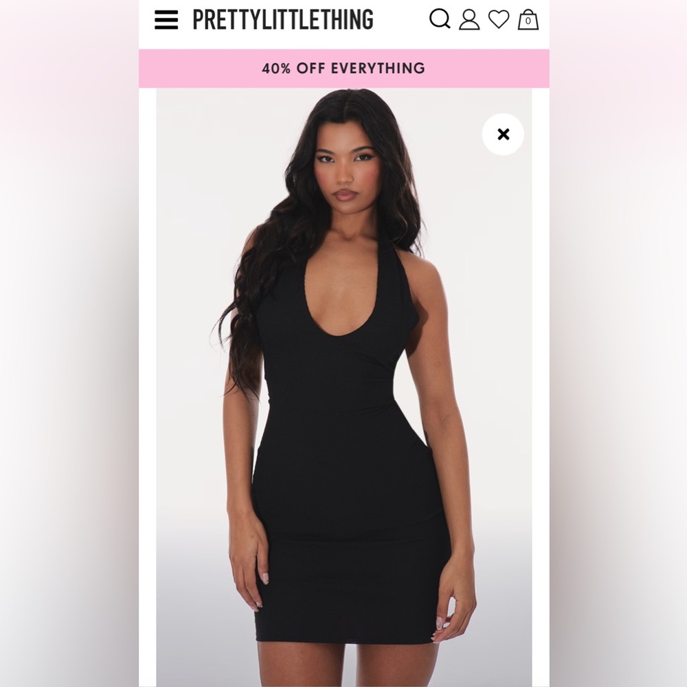 Pretty Little Thing Black Ribbed Halterneck Tie Back Bodycon Dress - size US 6